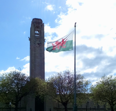 Guildhall tower and Welsh flag.
